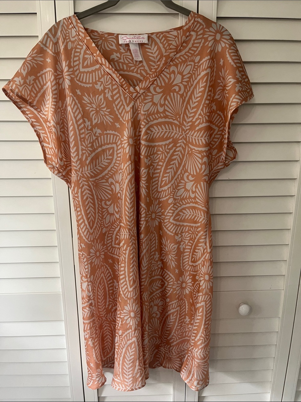 Tropical Leaf Print V-Neck Shift silky Dress - Peach & White
